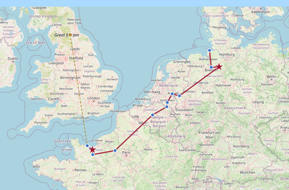 Fred's route — Barnard Castle to Normandy and on to Rotenburg and Bremen